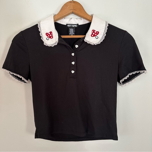 Mushroom Embroidered Lacey Collared Cropped Tee Size Small - Picture 1 of 11